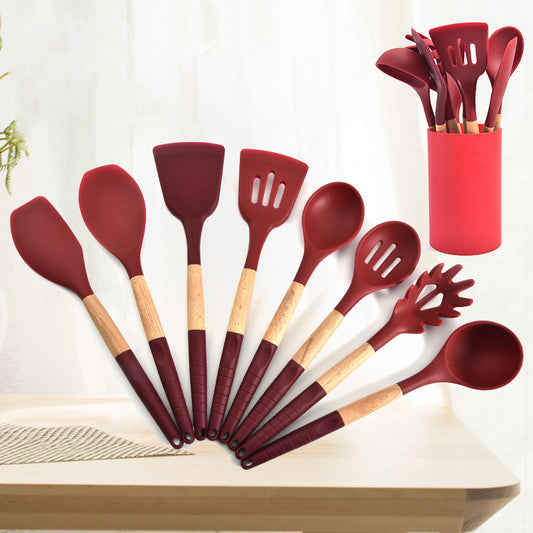 8-piece Set of Half-wood Handle Silicone Non-stick Cooking Utensils