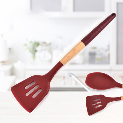 8-piece Set of Half-wood Handle Silicone Non-stick Cooking Utensils