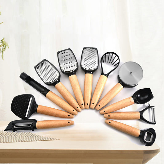 Manufacturer Wholesale Wooden Handle Kitchen Utensil Set Peeler Pizza Knife Egg Beater Combination Kitchen Gadgets 12-piece Set